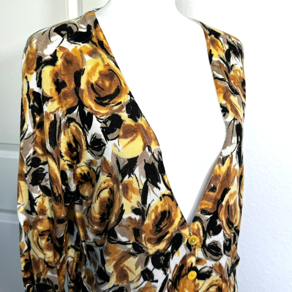 ELLEN TRACY NWT Women Large Yellow Roses Floral Bamboo Cashmere Cardigan Sweater - Picture 1 of 11